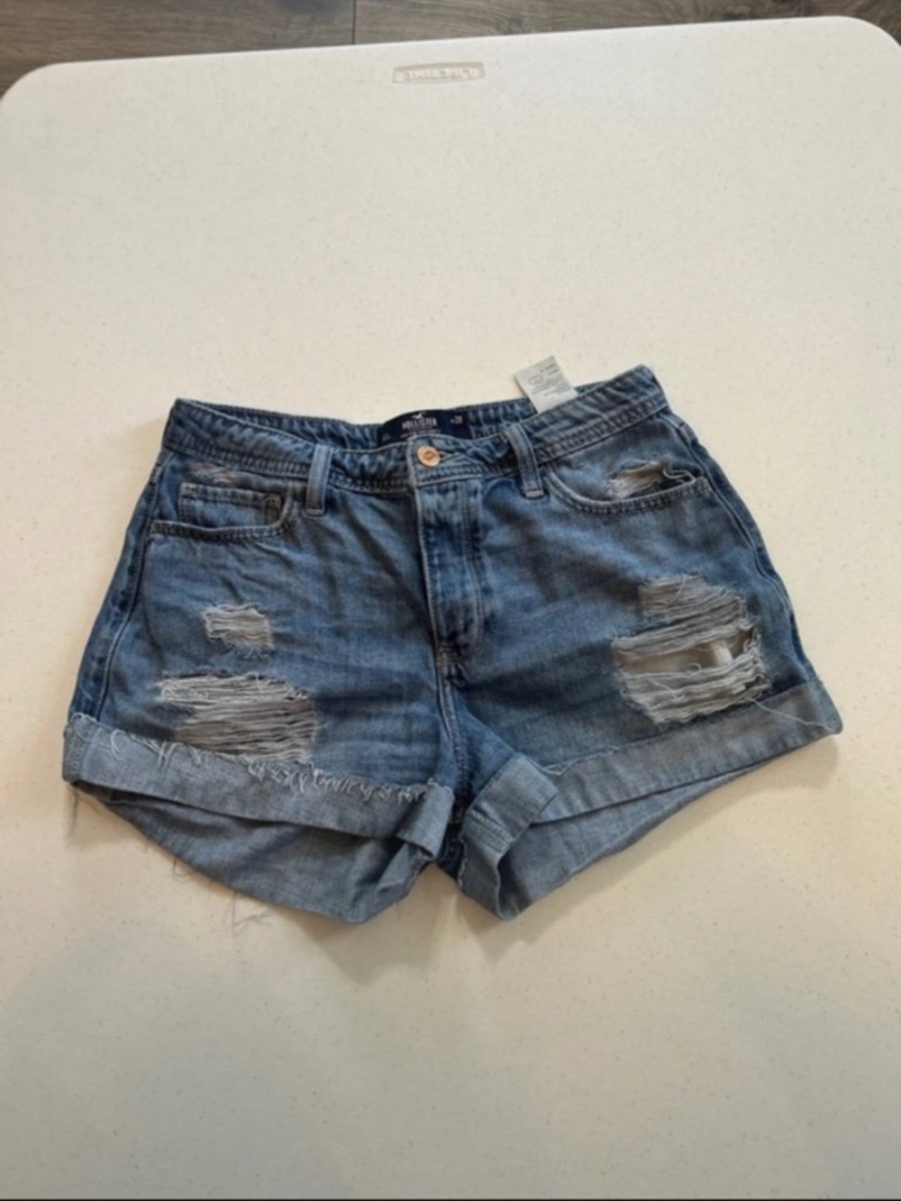 Hollister Distressed Rolled Cuff Denim Shorts - Blue